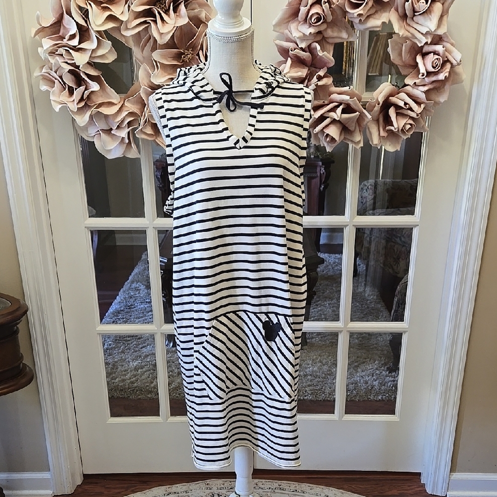 Disney Junk Food Black White Stripe Sleeveless Dress Embroidered Mickey Mouse XL